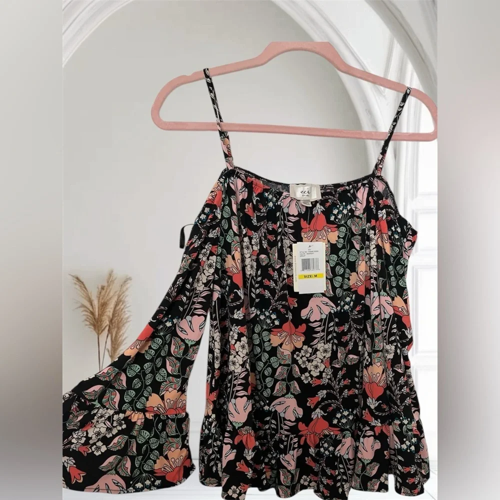 ECI Pink Bell Cold Shoulder Sleeve Ruffled Blouse - Picture 2 of 3